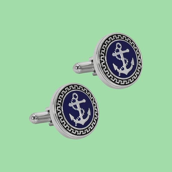 Glimaxo Nautical Anchor Cufflinks – Blue & Silver Marine Style Formal Cufflinks for Men