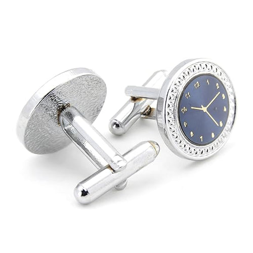 Glimaxo Luxury Silver Watch Dial Cufflinks – Classic Blue Face Formal Cufflinks for Men