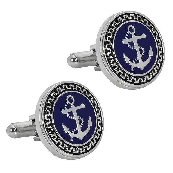 Glimaxo Nautical Anchor Cufflinks – Blue & Silver Marine Style Formal Cufflinks for Men