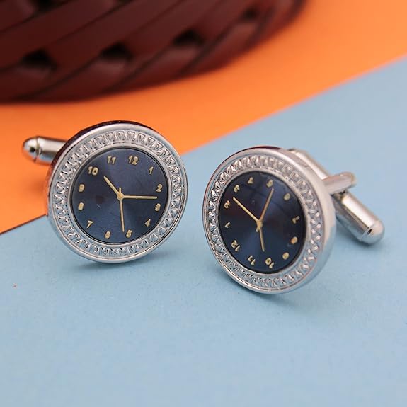 Glimaxo Luxury Silver Watch Dial Cufflinks – Classic Blue Face Formal Cufflinks for Men