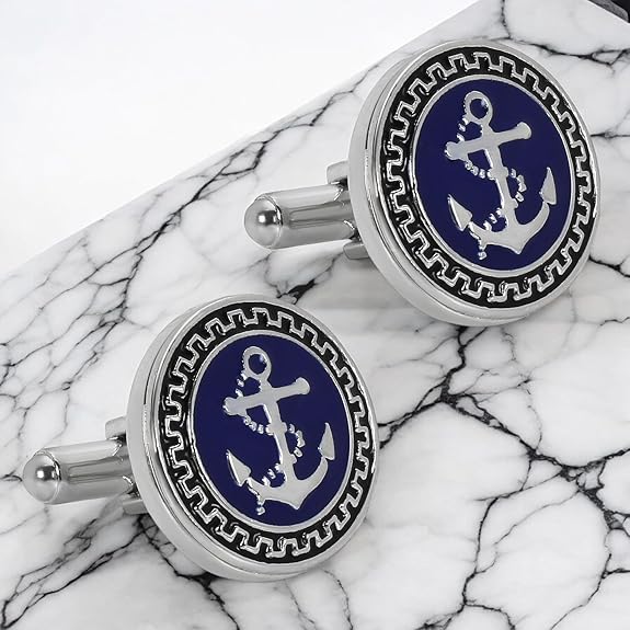Glimaxo Nautical Anchor Cufflinks – Blue & Silver Marine Style Formal Cufflinks for Men