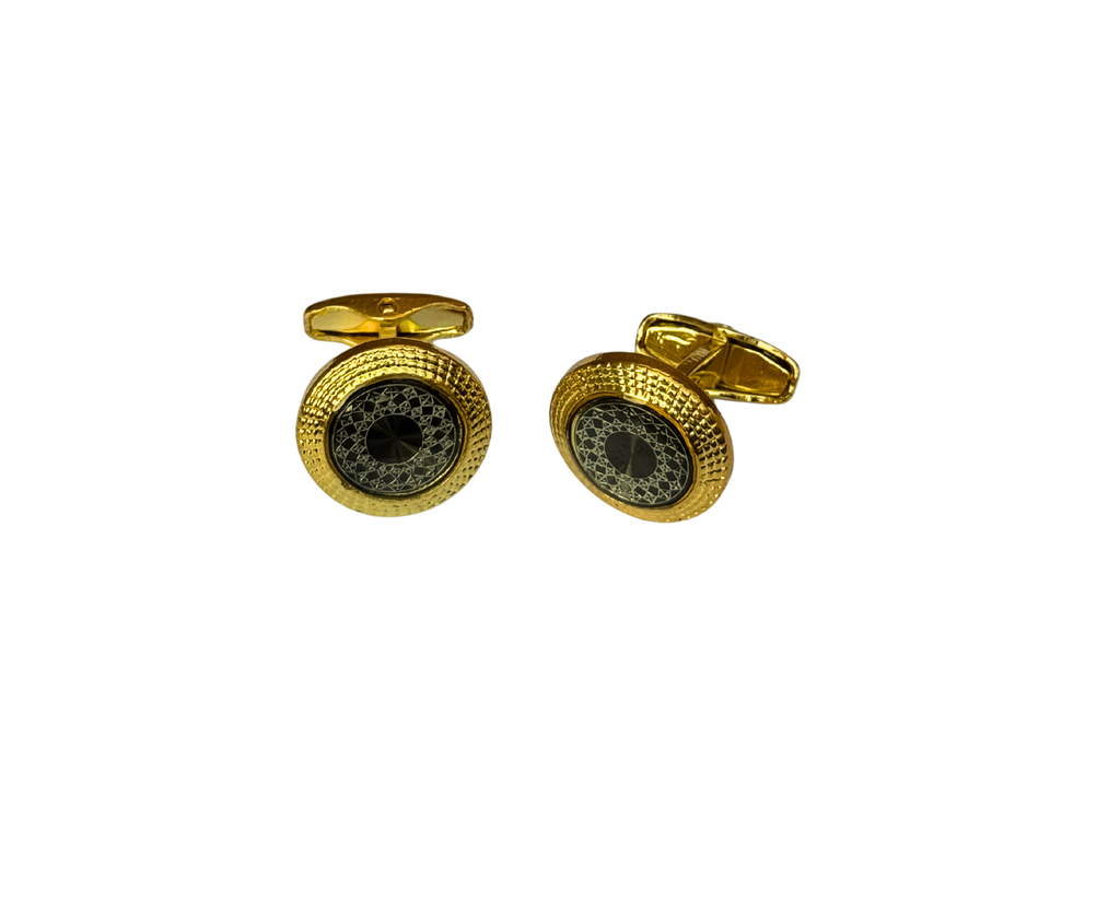 Glimaxo Imperial Gold Pattern Cufflinks – Luxury Black Dial Textured Formal Cufflinks for Men