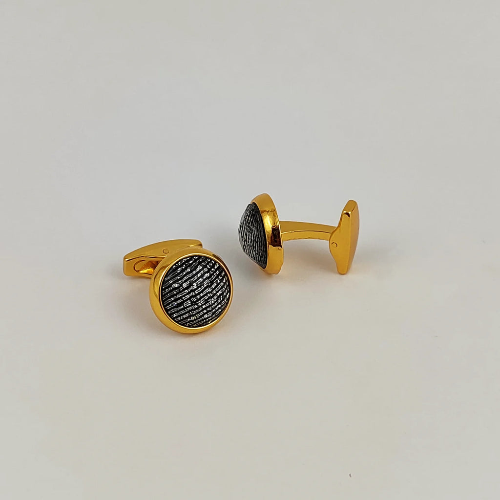 Glimaxo Premium Gold Round Textured Cufflinks – Elegant Black & Gold Design for Men
