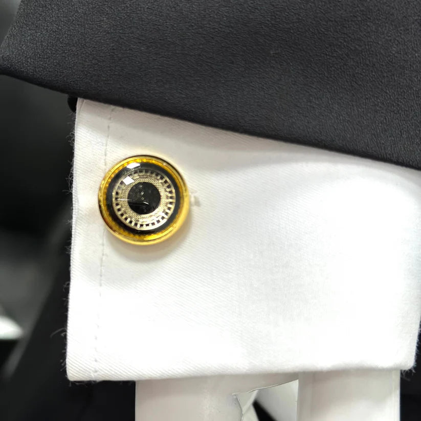 Glimaxo Royal Gold Black Dial Cufflinks – Luxury Round Statement Cufflinks for Men