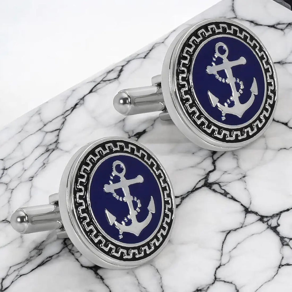 Glimaxo Nautical Anchor Cufflinks – Blue & Silver Marine Style Formal Cufflinks for Men