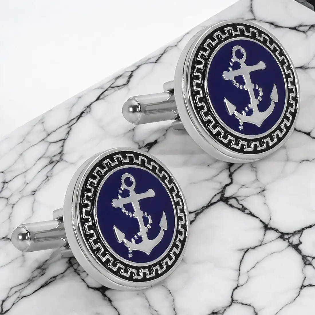 Glimaxo Nautical Anchor Cufflinks – Blue & Silver Marine Style Formal Cufflinks for Men