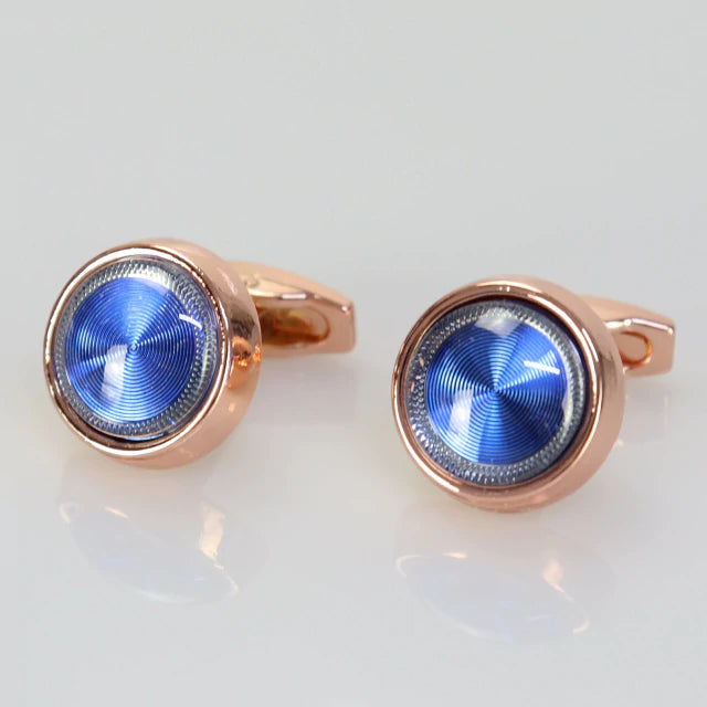 Glimaxo Luxury Blue Stone Round Cufflinks – Polished Silver Elegant Formal Cufflinks for Men
