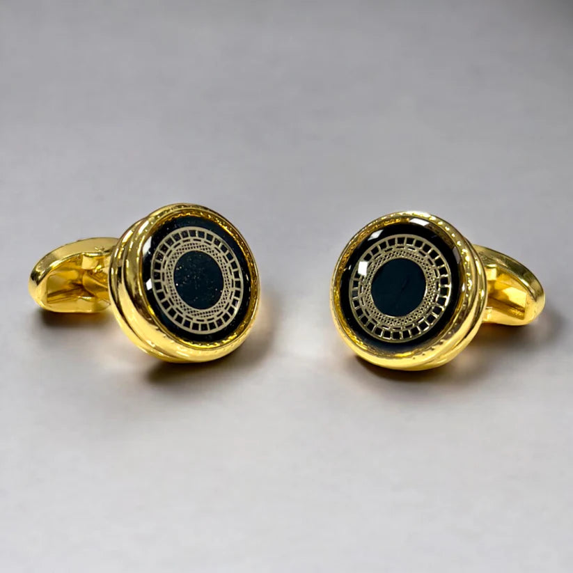 Glimaxo Royal Gold Black Dial Cufflinks – Luxury Round Statement Cufflinks for Men